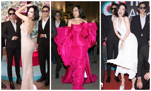 Angela Phương Trinh liên tục thay váy áo, được dàn vệ sĩ vây quanh