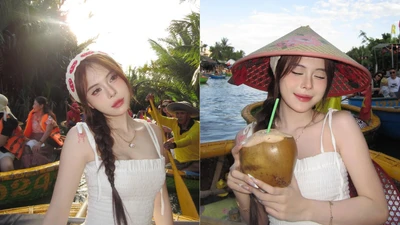 Tiktoker Ngân Hà thả dáng xinh đẹp trên thuyền thúng Hội An