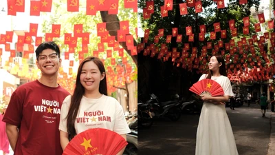 "Gia đình truyền hình" gây sốt với bộ ảnh check-in Hà Nội rực rỡ cờ hoa