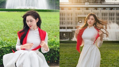 Tiktoker Việt Phương Thoa xúng xính áo dài chụp ảnh trước thềm Quốc khánh 2/9