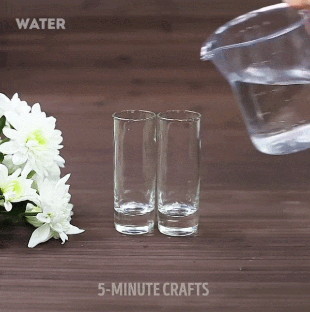 Lúc này chị em chuẩn bị 2 cốc nước sạch và thêm vào đó vài giọt màu phẩm theo ý muốn và hòa tan màu với nước.