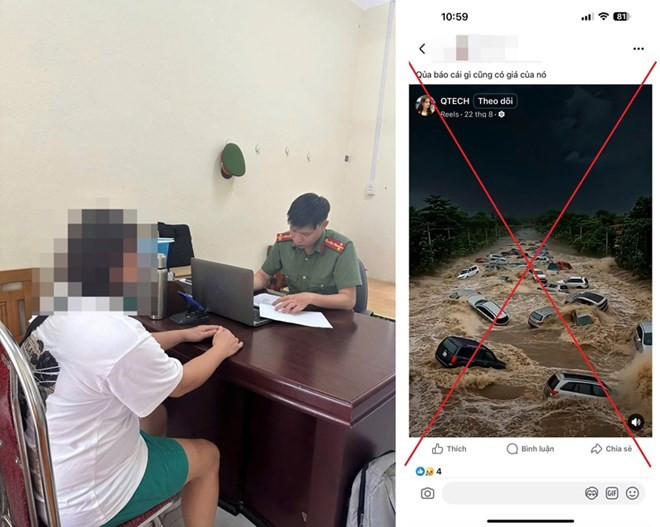 Người phụ nữ tại cơ quan Công an và video AI giả lũ lụt. ai.jpg