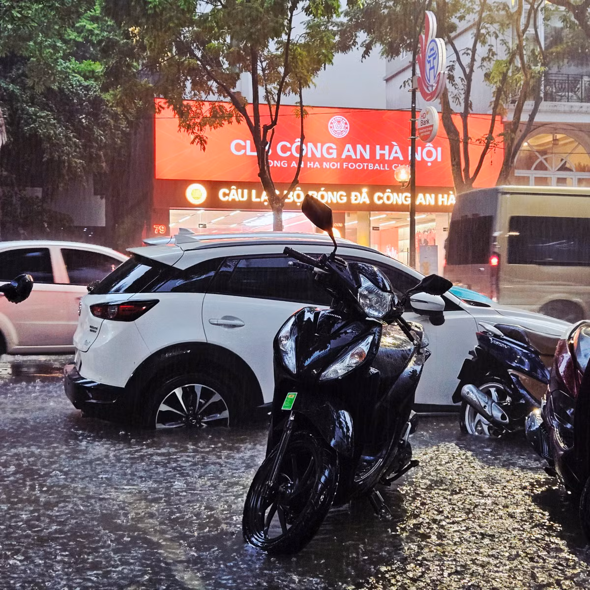 Do mưa lớn nước ngập lên tận cả vỉa hè.