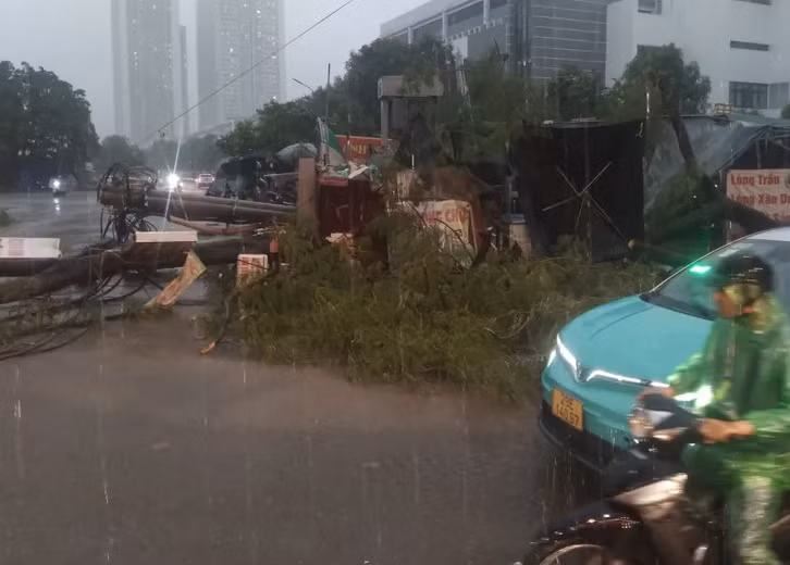 Trước sức gió khủng khiếp từ cơn mưa giông lớn, nhiều nơi ở Hà Nội cây xanh bật bật gốc, kéo theo cột điện đổ chắn ngang ra đường.