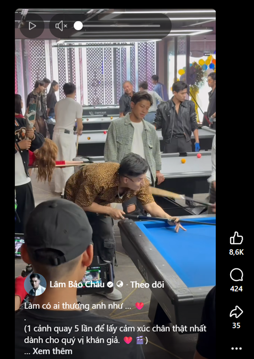 Bạn trai Lệ Quyên viết trên trang cá nhân: "1 cảnh quay 5 lần để lấy cảm xúc chân thật nhất dành cho quý vị khán giả". Ảnh: FB Lâm Bảo Châu.