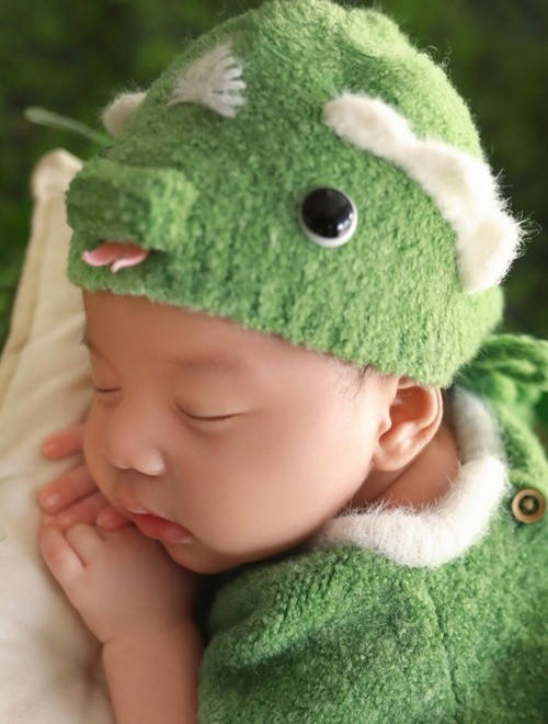 Con trai Tiết Cương chụp ảnh nghệ thuật khi tròn 1 tháng tuổi. Ngọc Thưởng tiết lộ, quá trình chụp ảnh con trai diễn ra thuận lợi bởi cậu nhóc ngủ rất say. Ảnh: FB Nghé.