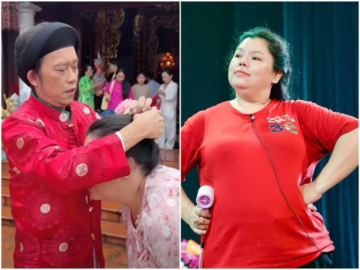 Diễn viên hài Tuyền Mập khoe được Hoài Linh cài giúp hoa trên tóc khi tham dự lễ giỗ Tổ nghề sân khấu. Ảnh: FB Tuyền Mập.