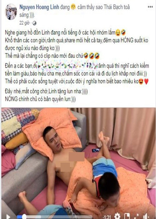 Ngoài bày tỏ sự bức xúc trước một số cư dân mạng lan truyền tin đồn không đúng sự thật, Hoàng Linh còn đăng tải một clip chơi đùa giữa quay phim Mạnh Hùng và hai con trai riêng của nữ MC kèm lời bình luận hài hước: “Nóng chính chủ có bản quyền". Ảnh: FB Hoàng Linh.