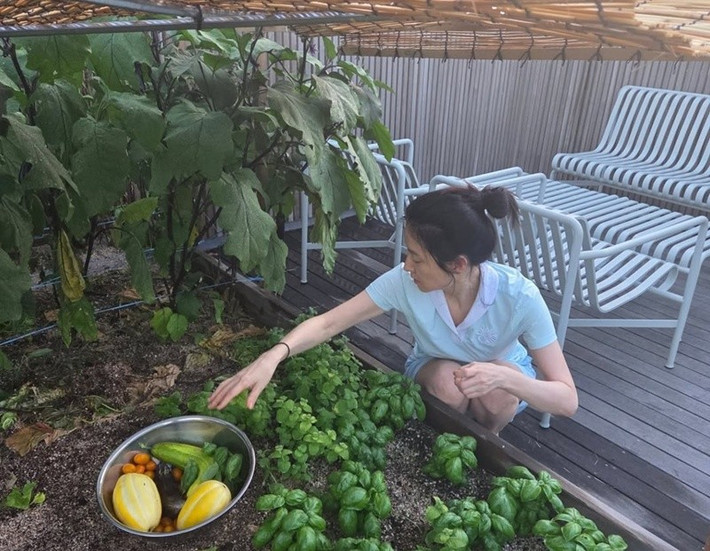 Lee Young Ae thường tự tay thu hoạch rau trong vườn. Ảnh: Instagram Lee Young Ae.