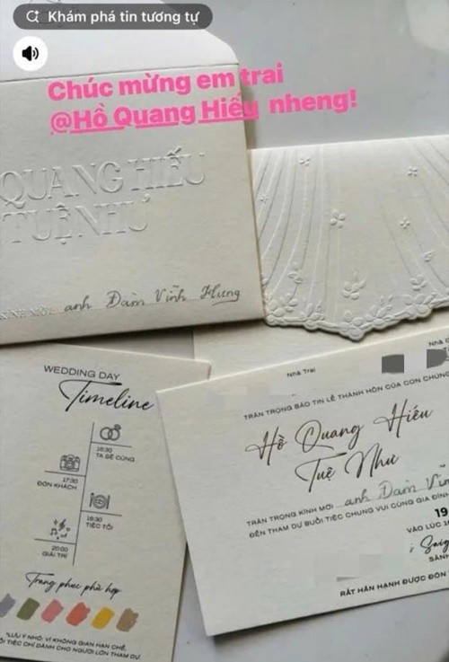 Một số nghệ sĩ: Đàm Vĩnh Hưng, Quốc Trường...khoe thiệp cưới của Hồ Quang Hiếu cách đây ít ngày. Ảnh: Thương Hiệu Pháp Luật.