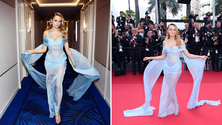 Cây bút Cara của L'Officiel viết: “Giới truyền thông khen ngợi chiếc váy mà Công Trí dành cho nữ diễn viên Joey King tại Cannes năm nay đầy táo bạo. Ảnh: Fanpage Công Trí.