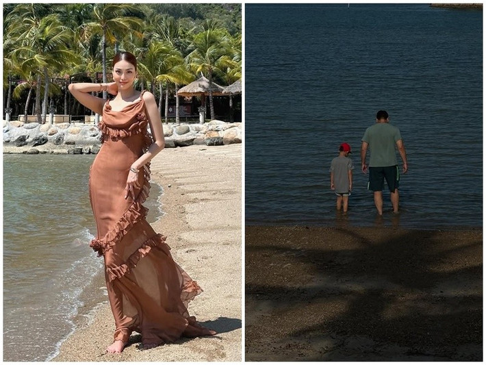 Lan Khuê gợi cảm trong chiếc váy hở lưng. Phía chồng và con trai siêu mẫu ăn mặc đơn giản. Ảnh: FB Lan Khuê.