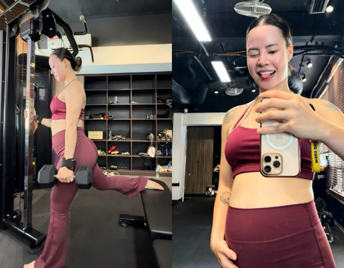 Theo Arttimes, Gia Linh tập gym dưới sự hướng dẫn của huấn luyện viên khi mang bầu. Ảnh: Arttimes.
