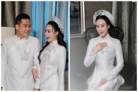 Hồ Quỳnh Hương rạng rỡ bên chồng khi thử áo dài