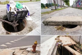 Hàng loạt hố ga không nắp trên tuyến đường mới mở ở Long Biên