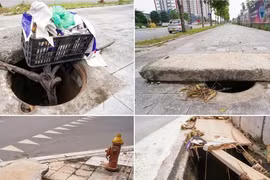 Hàng loạt hố ga không nắp trên tuyến đường mới mở ở Long Biên