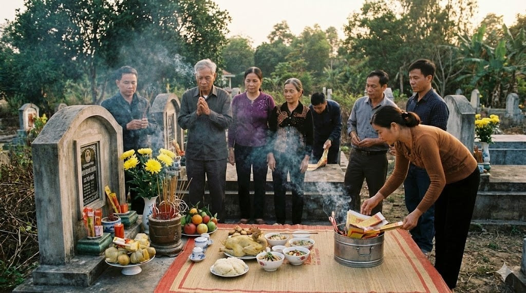 Khi thực hiện lễ tạ mộ cuối năm, gia chủ cần chuẩn bị lễ vật chu đáo. Ảnh minh họa AI