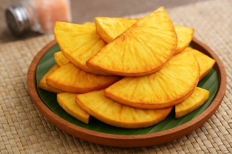 Hoa đực màu vàng chuyển nâu, hoa cái xanh lục, kết thành quả to từ 7–45cm; khi chín, quả vàng ươm, ruột mềm, thơm như bánh mì nướng.