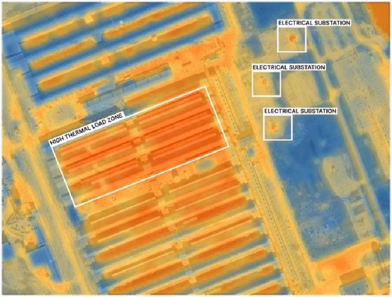 Hình ảnh nhiệt độ độ phân giải cao do SatVu công bố cho thấy một trung tâm dữ liệu khai thác Bitcoin tại Rockdale, Texas đang vận hành hệ thống điện và làm mát ở mức tối đa.