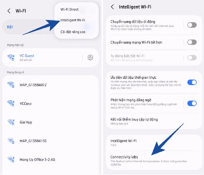 Để kích hoạt, người dùng phải truy cập Cài đặt > Kết nối > Wi-Fi > Intelligent Wi-Fi và nhấn nhiều lần vào dòng “Wi-Fi thông minh” cho đến khi menu hiện ra.