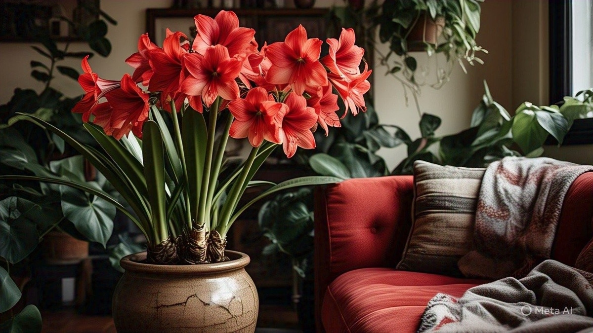 5. Người xưa dặn: Lan huệ vào nhà, gia đình thịnh vượng. Những nhành hoa mọc ra từ củ và phía trên sẽ "treo" một bông hoa lớn màu đỏ với nhiều cánh hoa xếp thành lớp. Những bông hoa to, rực rỡ, đầy màu sắc và rất lễ hội.