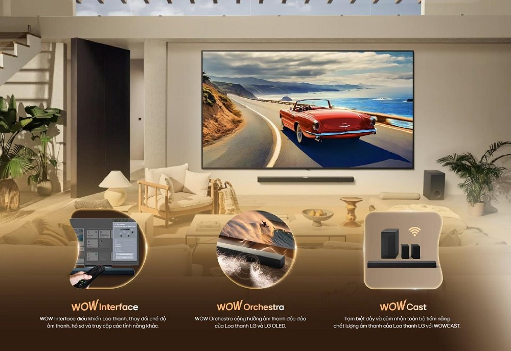 Loa thanh LG kết hợp WOW Orchestra tạo hiệu ứng âm thanh vòm ba chiều sống động.
