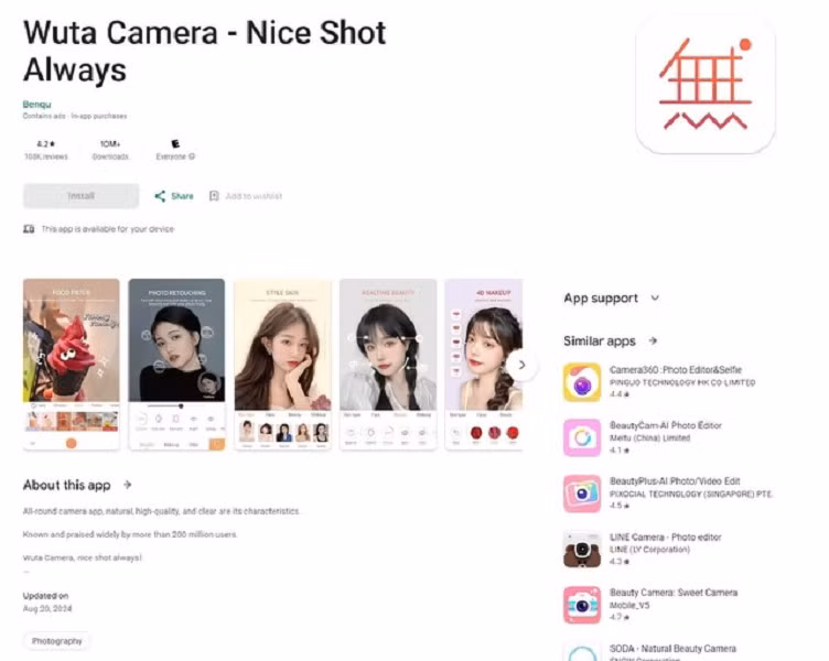 Ứng dụng đầu tiên là Wuta Camera - công cụ chỉnh ảnh có hơn 10 triệu lượt tải, bị nhiễm mã độc trong bản cập nhật cũ.