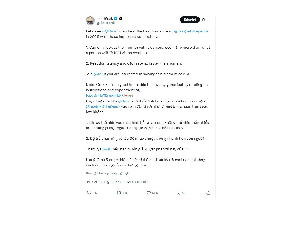 Trên trang X, Musk gợi ý Grok 5 sẽ đối đầu với đội LMHT mạnh nhất thế giới.