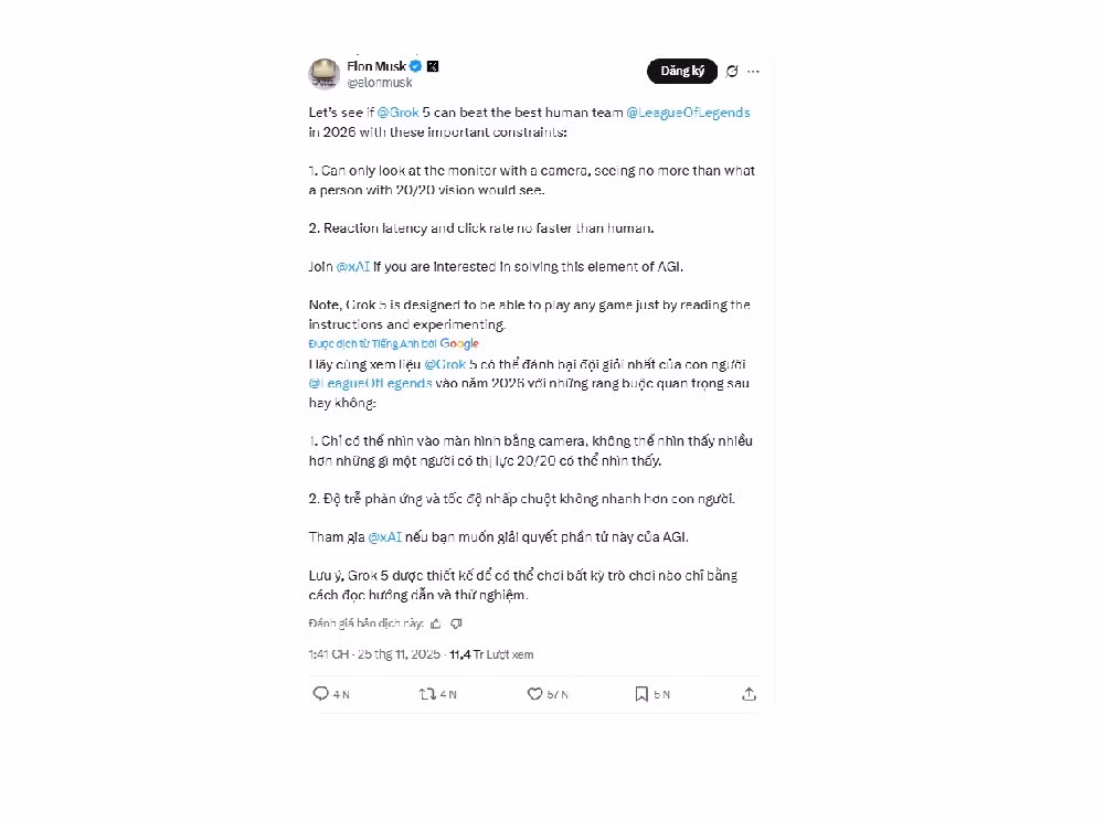 Trên trang X, Musk gợi ý Grok 5 sẽ đối đầu với đội LMHT mạnh nhất thế giới.