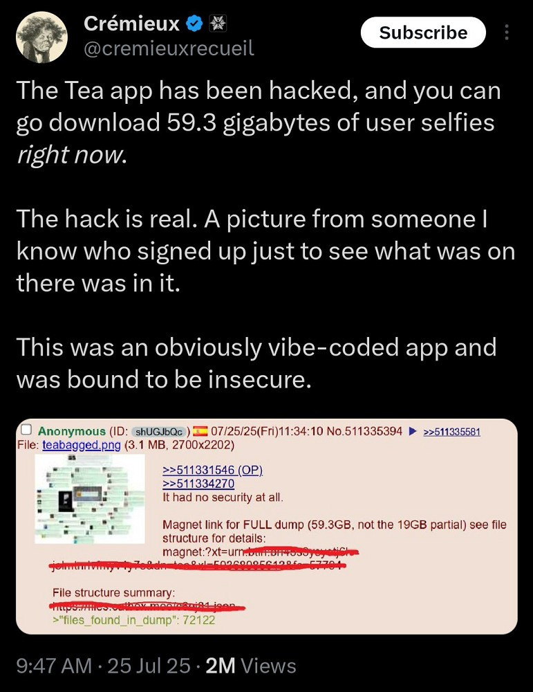 Một số chuyên gia an ninh mạng nghi ngờ ứng dụng Tea được xây dựng bằng "AI code" nên mới phạm lỗi bảo mật sơ đẳng đến vậy.