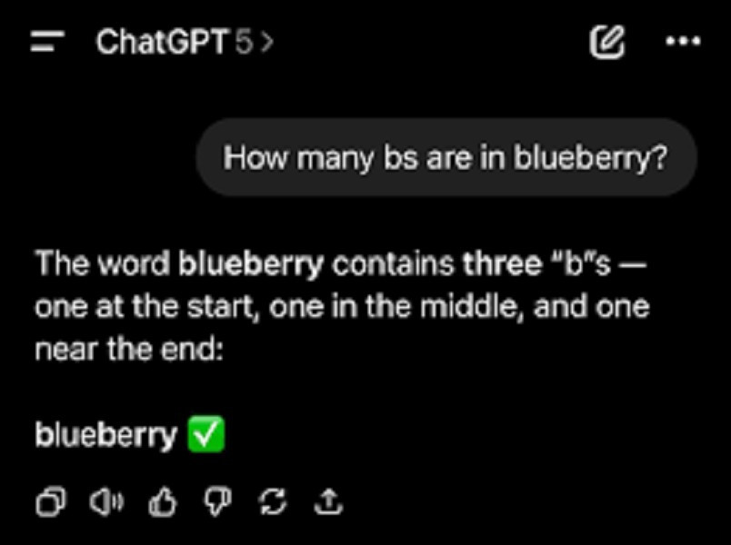 Một ví dụ điển hình là GPT-5 khăng khăng rằng từ “blueberry” có ba chữ B.