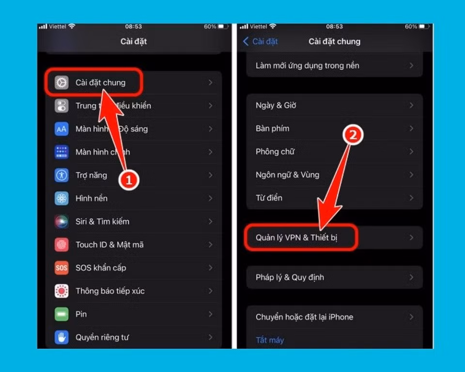 Hãy vào Cài đặt > Cài đặt chung > Quản lý VPN &amp; Thiết bị để bắt đầu quá trình xác minh.