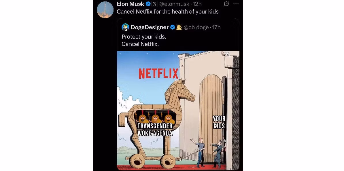 Elon Musk nhanh chóng tham gia cuộc tranh luận, chia sẻ lại bài viết và viết: “Điều này không ổn”, sau đó kêu gọi “hãy hủy Netflix vì sức khỏe của con cái bạn”.