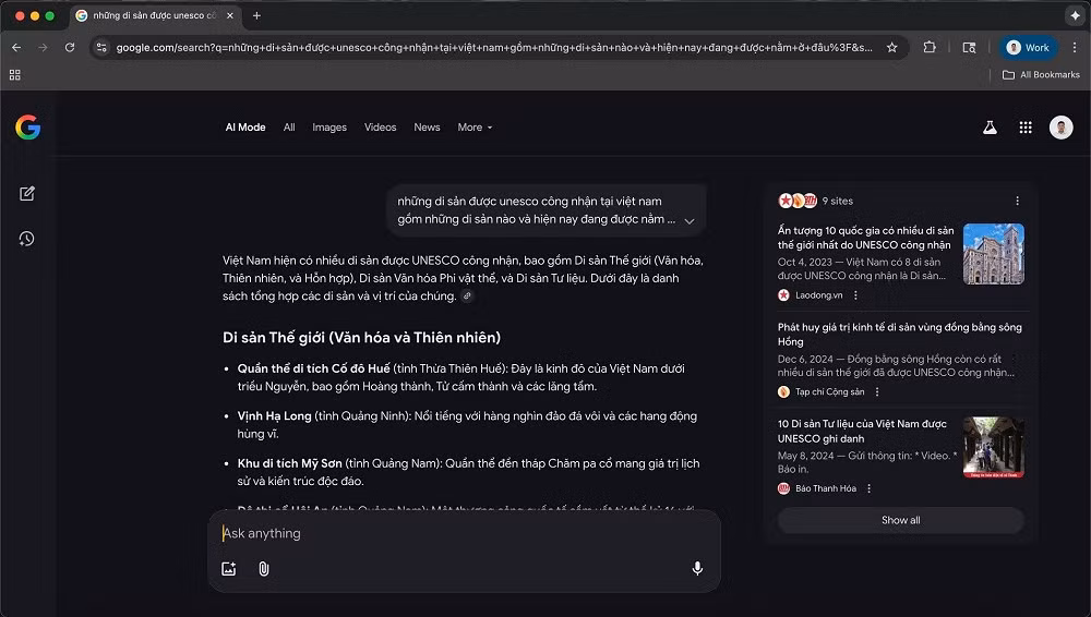 Người dùng có thể đặt câu hỏi phức tạp như “Các di sản được UNESCO công nhận tại Việt Nam là gì?” và nhận được kết quả đầy đủ, trực quan.