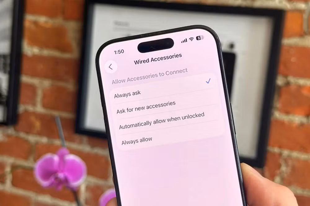 Để an toàn, người dùng nên vào Cài đặt > Quyền riêng tư và Bảo mật > Bảo mật > Phụ kiện có dây và chọn “Always Ask” hoặc “Ask for New Accessories”.