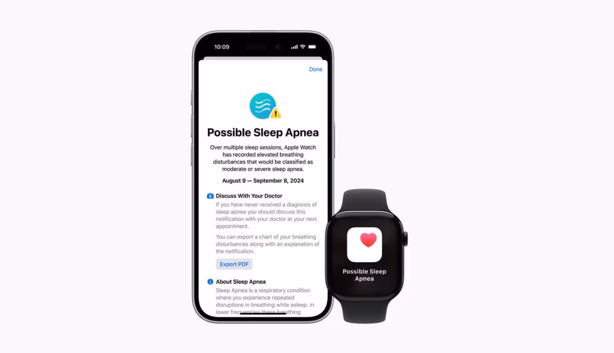Với Sleep Apnea Notifications, Apple Watch sẽ phân tích chuyển động hô hấp trong khi ngủ để phát hiện nguy cơ ngưng thở và gửi cảnh báo.