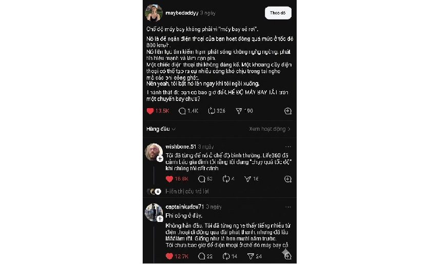 Một bài đăng trên Threads đã gây tranh cãi về chuyện bật chế độ máy bay.