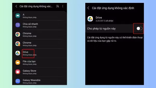 Để xử lý, người dùng nên tắt quyền cài ứng dụng không rõ nguồn gốc trong phần cài đặt bảo mật.