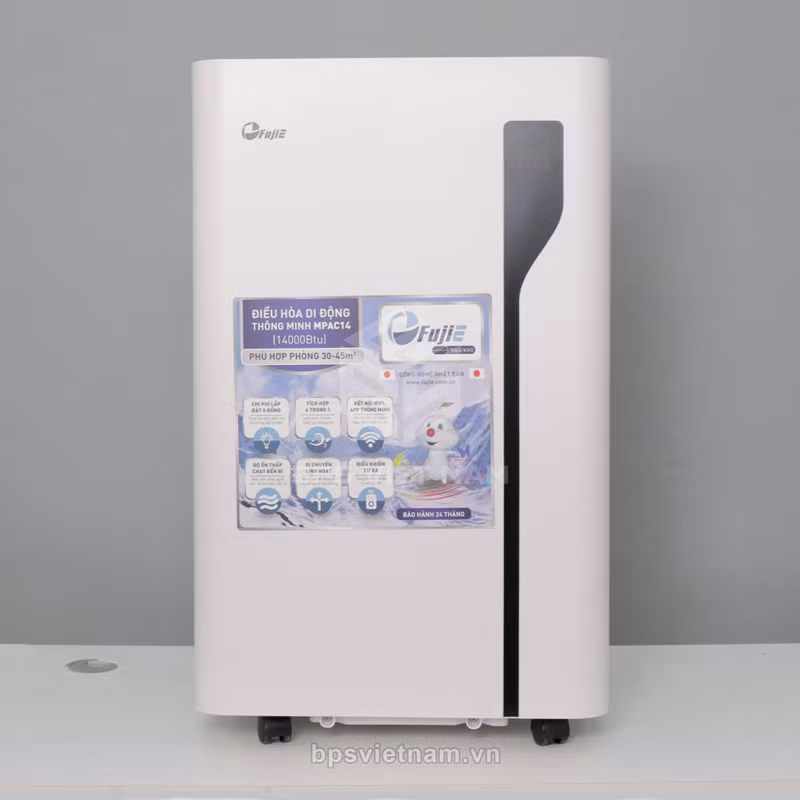 Máy lạnh di động FUJIE MPAC14 công suất 14.000BTU, dạng điều hòa cây một cục có bánh xe di chuyển linh hoạt, kết nối WIFI quản lý từ xa, giá ưu đãi khoảng 8,56 triệu đồng, phù hợp cho căn hộ thuê hoặc phòng làm việc nhỏ.