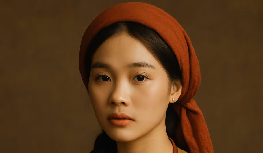 Chiếc khăn mỏ quạ đơn sơ càng làm nổi bật thần thái thanh cao, đậm chất người con gái Việt xưa.