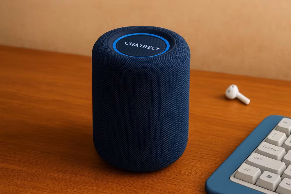 Chatreey EX1 gây ấn tượng với thiết kế hình trụ như Apple HomePod, bọc lưới vải và dải LED RGB sang trọng.