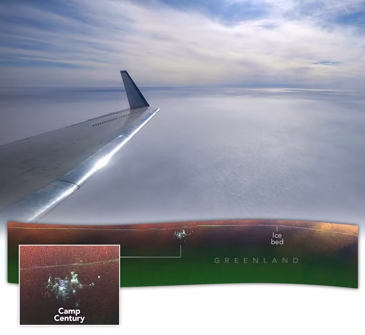 Sử dụng công nghệ radar UAVSAR hiện đại, NASA đã nhìn xuyên băng và tái phát hiện các cấu trúc khớp với bản thiết kế cũ của căn cứ.(Ảnh: NASA Earth Observatory)