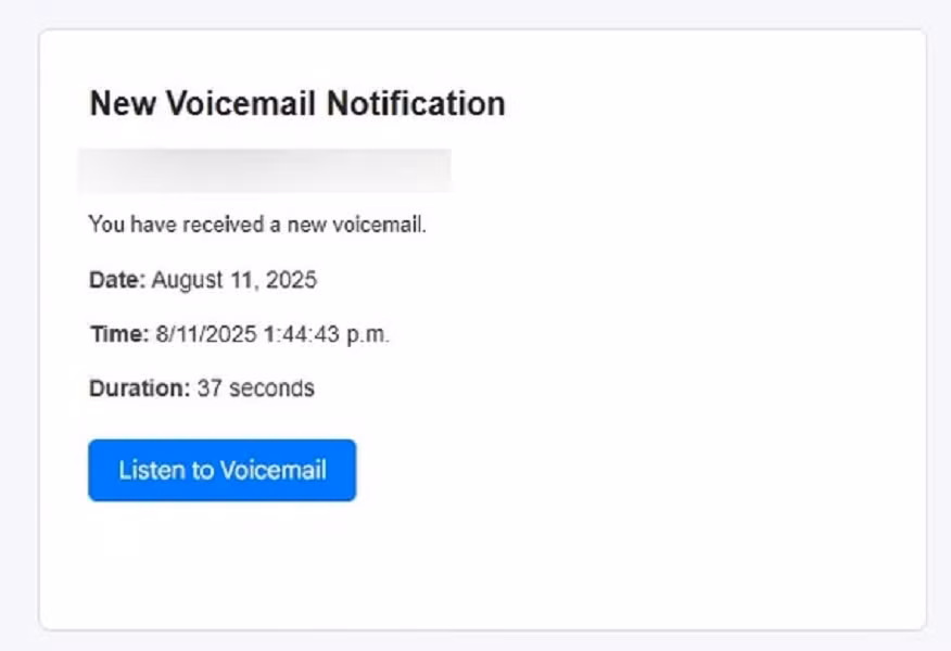 Tin tặc gửi email giả mạo với tiêu đề “New Voice Notification” kèm nút “Listen to Voicemail”.