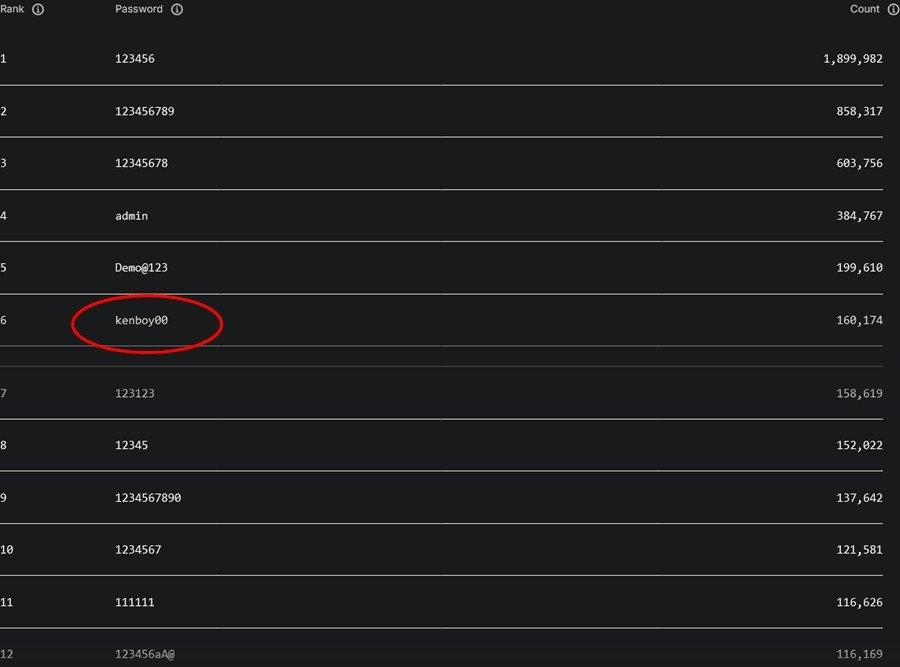 Ngoài những mật khẩu quen thuộc như 123456 hay 123123, “kenboy00” gây bất ngờ khi đứng thứ 6.