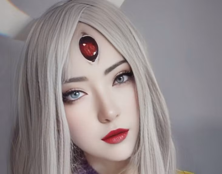 Khuôn mặt Kaguya hiện lên đầy quyền quý, làn da trắng tuyết và ánh mắt Byakugan toát lên vẻ đẹp siêu nhiên đặc trưng.