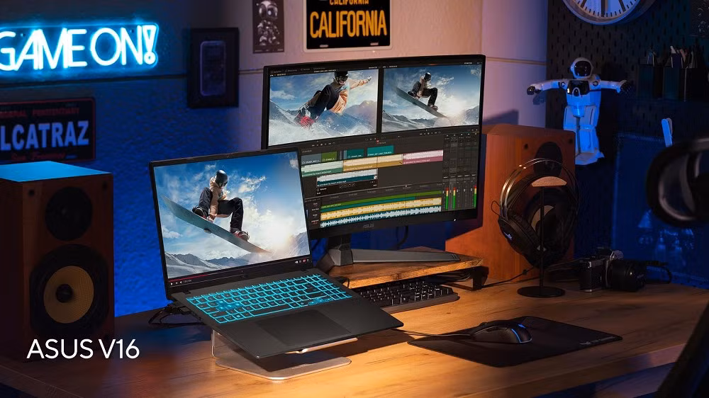 Trong khi đó, ASUS Gaming V16 mang đến hiệu năng mạnh với RTX 5060, vừa đủ học kỹ thuật vừa chơi game mượt.