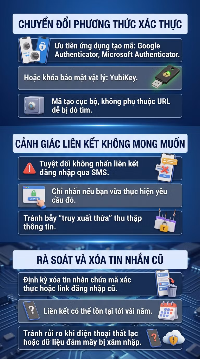Các chuyên gia khuyến cáo nên dùng chuyển đổi phương thức xác thực (MFA) với ứng dụng tạo mã hoặc khóa bảo mật vật lý thay cho liên kết SMS.