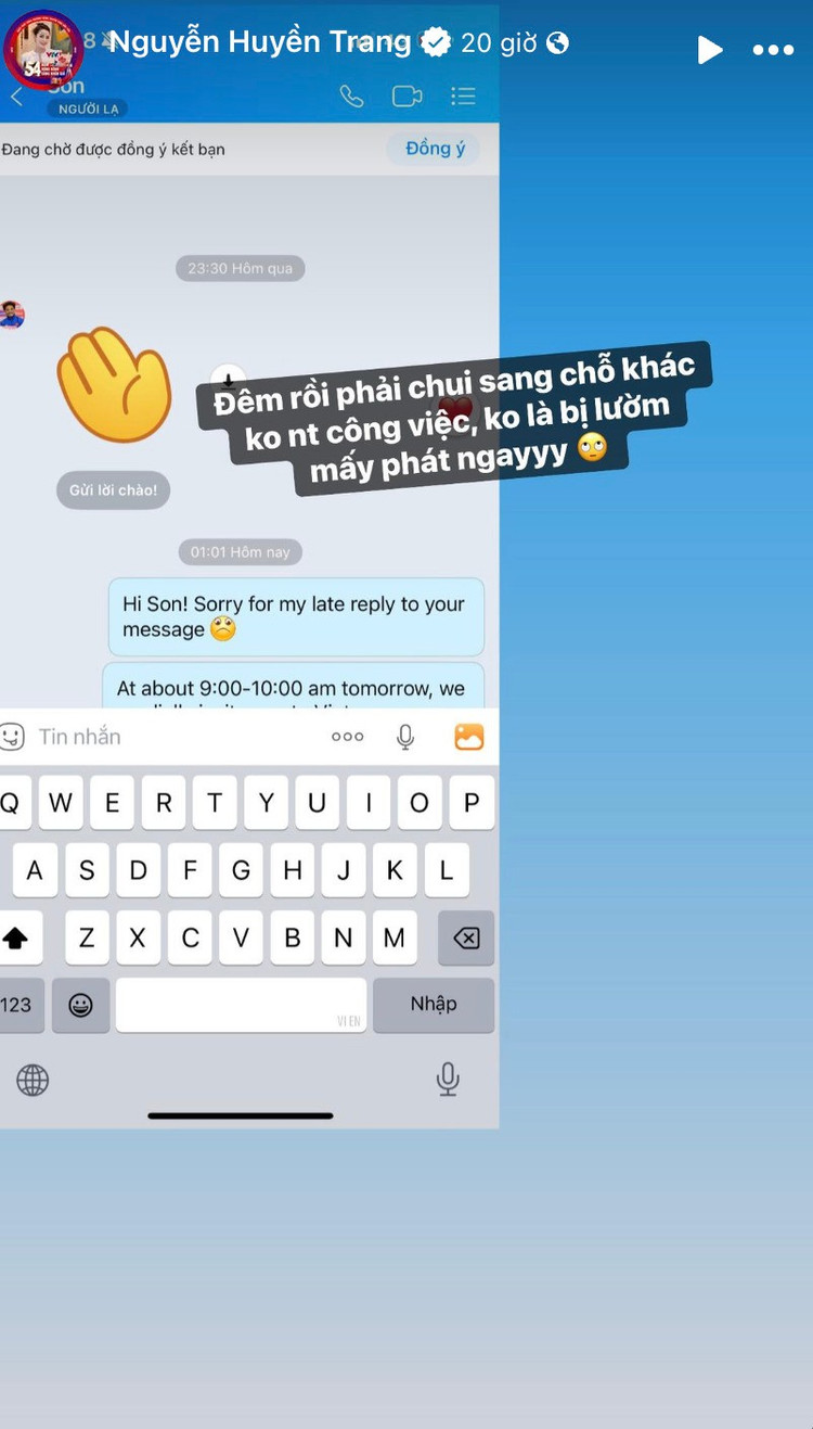 Mới đây, MC Mù Tạt đã khiến cộng đồng mạng xôn xao khi chia sẻ một đoạn tin nhắn với người đàn ông tên "Son" vào lúc nửa đêm. Đính kèm là dòng trạng thái hài hước: "Đêm rồi phải sang chỗ khác trao đổi công việc không là bị lườm mấy phát ngay." Nhiều người cho rằng cô đang tránh ánh mắt "ghen tuông" của bạn trai – tiền vệ Phạm Đức Huy. mutat-2.jpg