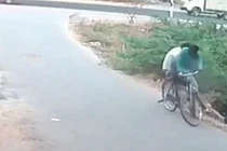 "Quái thú" lao ra quấn chặt bánh xe, 2 thanh niên khiếp vía