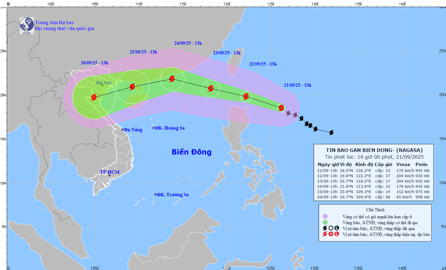 Vị trí và đường đi của bão RAGASA. Ảnh: KTTV